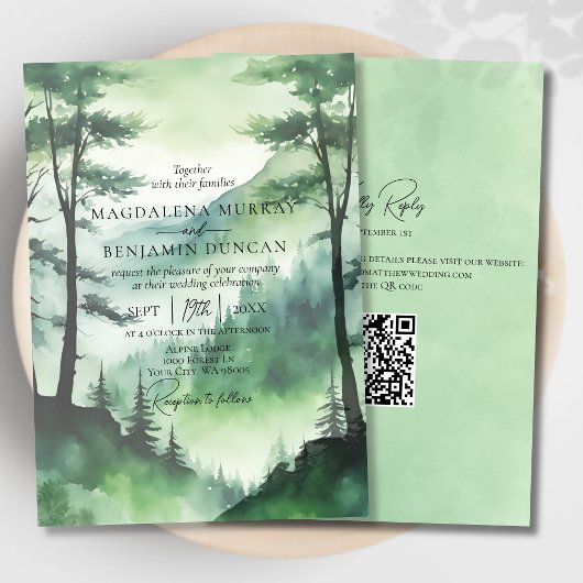 Rustic Misty Mountains Pine Trees QR Code Huwelijk Kaart