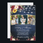 Rustic Mixed Floral 3 Photo Lights Wood Weddenscha Kaart<br><div class="desc">Rustic Blue Wood,  Waterverf Burgundy Floral Wedding Invitation with Bourgundy Rozen,  roze rozen,  rode rozen,  zonnebloemen en botanische groen. Koord-lampjes gloeien.</div>