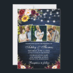 Rustic Mixed Floral 3 Photo Lights Wood Weddenscha Kaart<br><div class="desc">Rustic Blue Wood,  Waterverf Burgundy Floral Wedding Invitation with Bourgundy Rozen,  roze rozen,  rode rozen,  zonnebloemen en botanische groen. Koord-lampjes gloeien.</div>