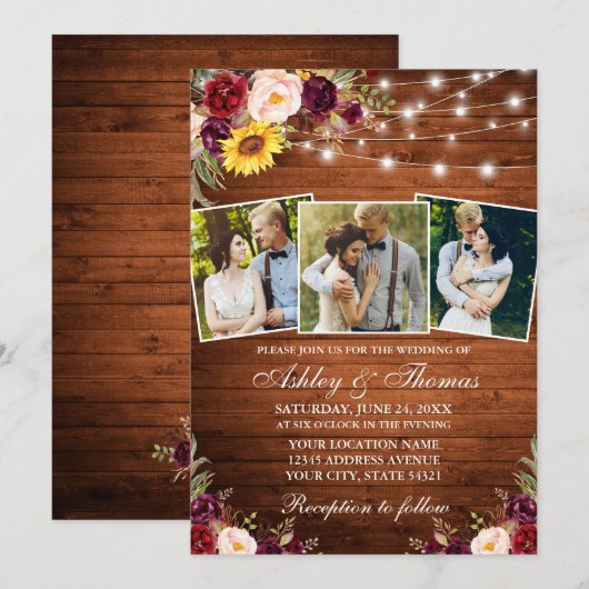 Rustic Mixed Floral 3 Photo Wood Weddenschap Kaart (Voorkant / Achterkant)