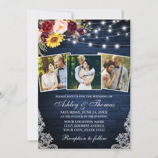 Rustic Mixed Floral Lace Lights 3 Foto bruiloft Kaart (Voorkant)