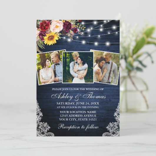Rustic Mixed Floral Lace Lights 3 Foto bruiloft Kaart (Staand voorkant)