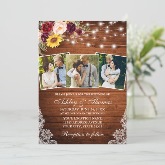 Rustic Mixed Floral lights 3 Foto bruiloft Kaart (Staand voorkant)