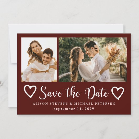 Rustic modern 2 photo burgundy wedding  save the date (Voorkant)
