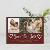 Rustic modern 2 photo burgundy wedding save the date (Staand voorkant)