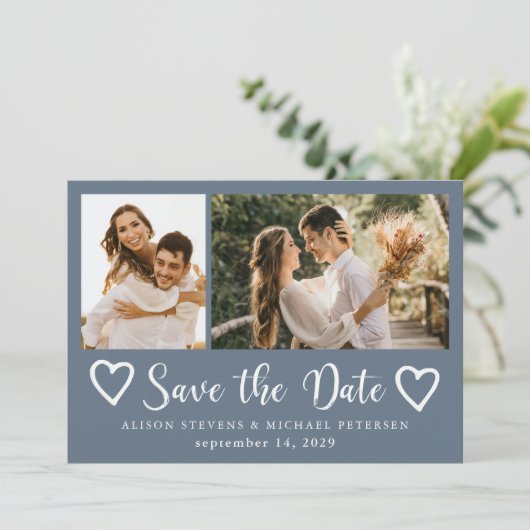 Rustic modern 2 photo dusty blue wedding  save the date (Staand voorkant)