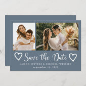 Rustic modern 2 photo dusty blue wedding  save the date (Voorkant / Achterkant)