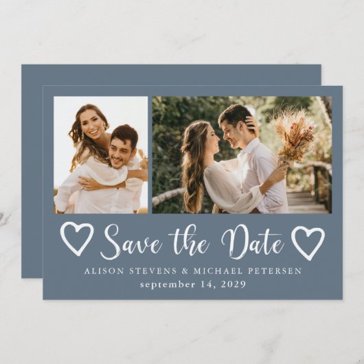 Rustic modern 2 photo dusty blue wedding  save the date (Voorkant / Achterkant)