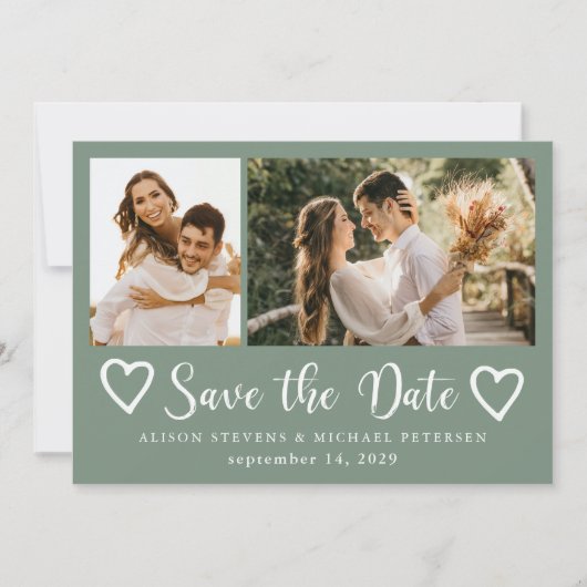 Rustic modern 2 photo sage green wedding  save the date (Voorkant)