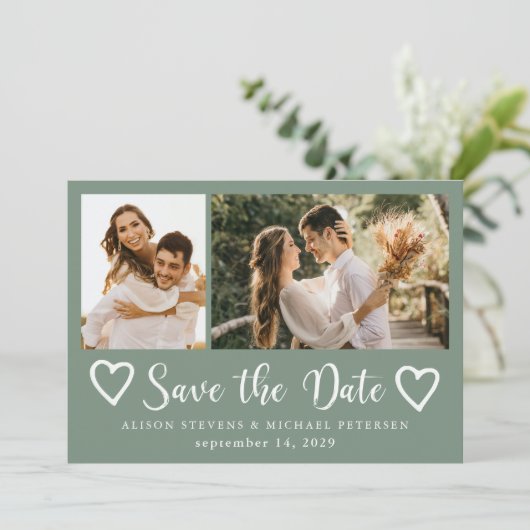 Rustic modern 2 photo sage green wedding  save the date (Staand voorkant)