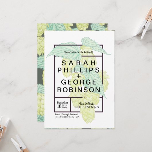 Rustic Modern Beer Hops Wedding Invitation Kaart (Voorkant / Achterkant in situ)