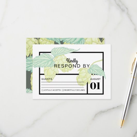 Rustic Modern Beer Hops Wedding RSVP Card Kaartje (Voorkant / Achterkant in situ)