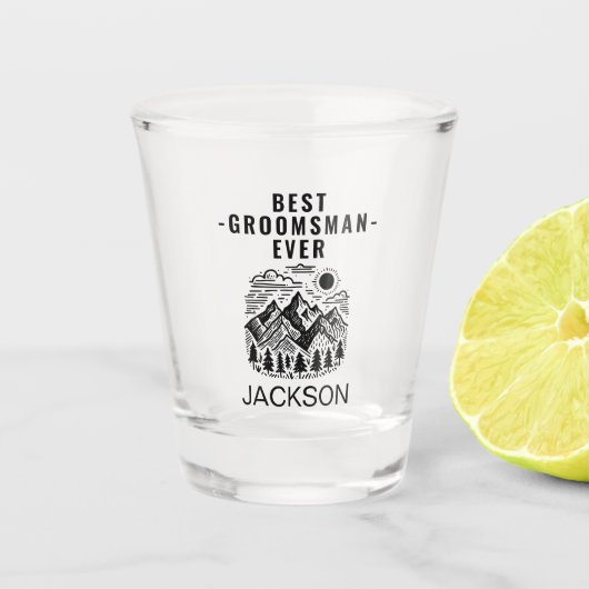 Rustic Modern Bergen Aangepaste Bruidsjonker Shot Glas (Voorkant)