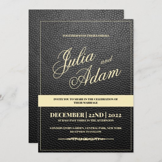 Rustic Modern Black Leather Wedding Uitnodiging (Voorkant / Achterkant)