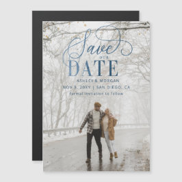 Rustic Modern Blue Script Photo Save the Date Magnetische Uitnodiging