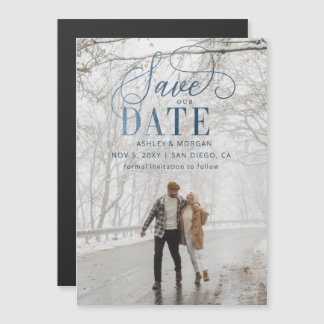 Rustic Modern Blue Script Photo Save the Date Magnetische Uitnodiging