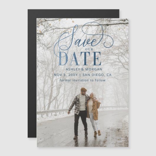 Rustic Modern Blue Script Photo Save the Date Magnetische Uitnodiging (Voorkant / Achterkant)