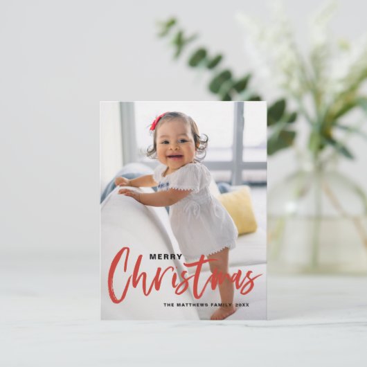 Rustic Modern Calligraphy Red Merry kerst Feestdagenkaart (Staand voorkant)