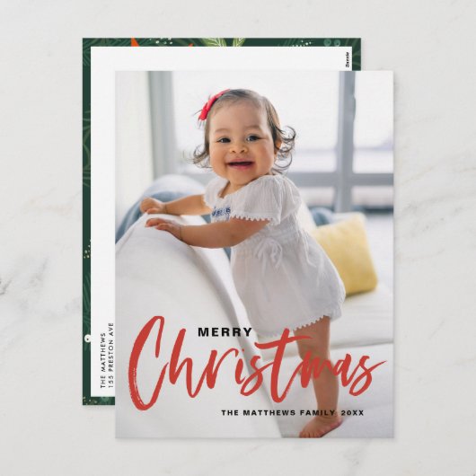 Rustic Modern Calligraphy Red Merry kerst Feestdagenkaart (Voorkant / Achterkant)