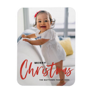 Rustic Modern Calligraphy Red Merry kerst Magneet