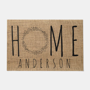 Rustic Modern Country Name Home Faux Burlap Deurmat