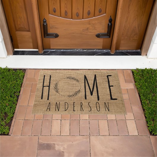 Rustic Modern Country Name Home Faux Burlap Deurmat (Buiten)