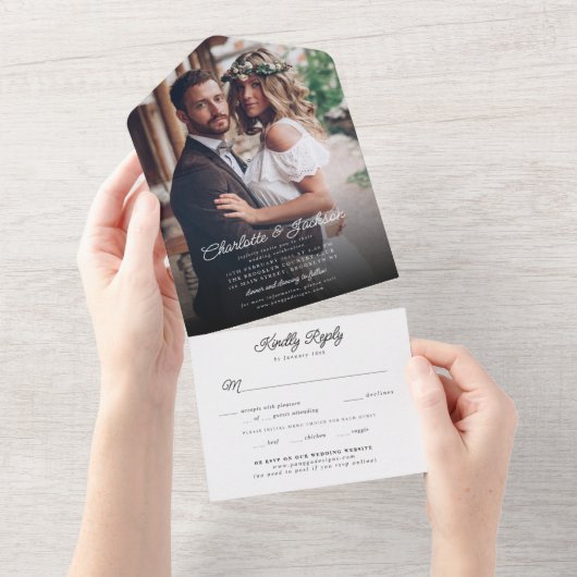 Rustic Modern Elegant Stylish Photo RSVP Wedding All In One Uitnodiging (Afscheurbaar)