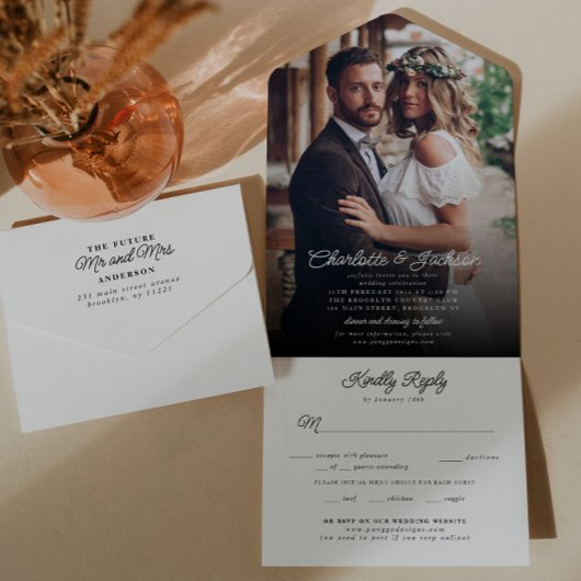 Rustic Modern Elegant Stylish Photo RSVP Wedding All In One Uitnodiging