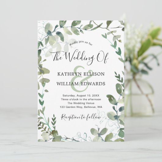 Rustic Modern Eucalyptus Green Wedding Kaart (Staand voorkant)