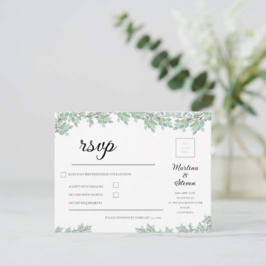 Rustic Modern Eucalyptus Greenery Wedding RSVP Kaartje (Staand voorkant)