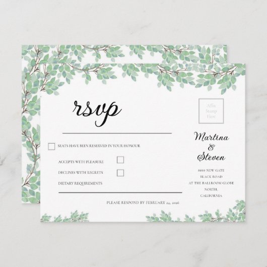 Rustic Modern Eucalyptus Greenery Wedding RSVP Kaartje (Voorkant / Achterkant)