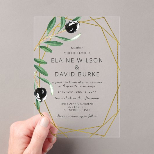 Rustic Modern Geometric Olive Branches Wedding Inv Acryl Uitnodigingen (Insitu (Draagbaar))