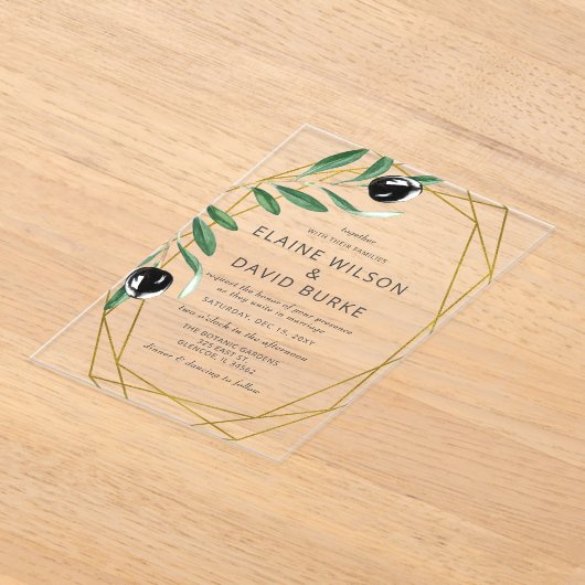 Rustic Modern Geometric Olive Branches Wedding Inv Acryl Uitnodigingen (Laagn)