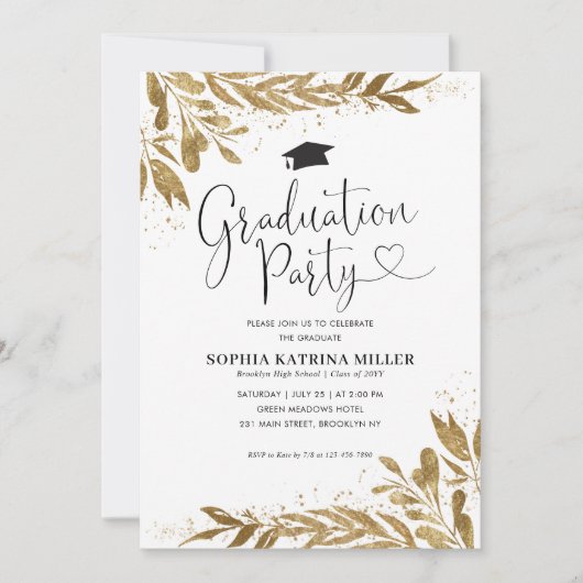 Rustic Modern Gold Floral Sparkle Graduation Party Kaart (Voorkant)