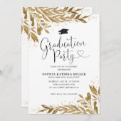 Rustic Modern Gold Floral Sparkle Graduation Party Kaart (Voorkant / Achterkant)
