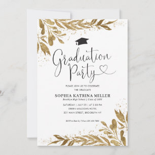 Rustic Modern Gold Floral Sparkle Graduation Party Kaart