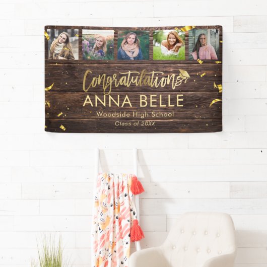 Rustic Modern Gold Script Photo Collage Afstuderen Spandoek (Insitu)