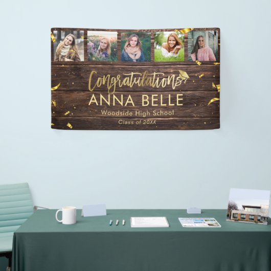 Rustic Modern Gold Script Photo Collage Afstuderen Spandoek (Beurs)