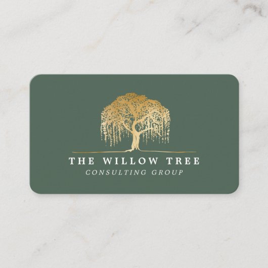 Rustic Modern Green & Gold Willow Tree Logo Visitekaartje (Voorkant)