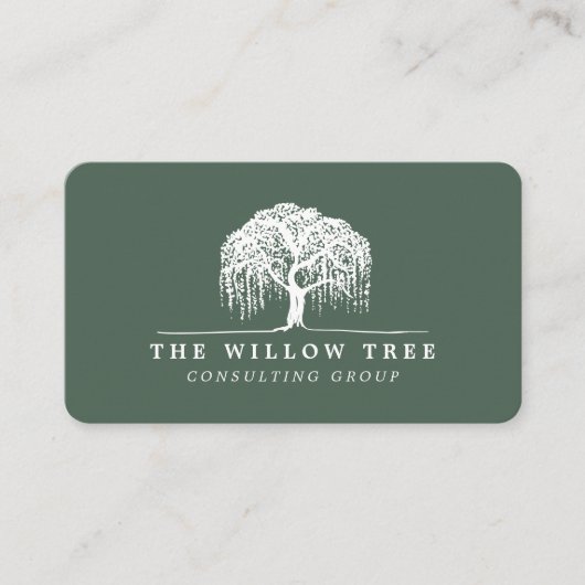 Rustic Modern Green & White Willow Tree Logo Visitekaartje (Voorkant)