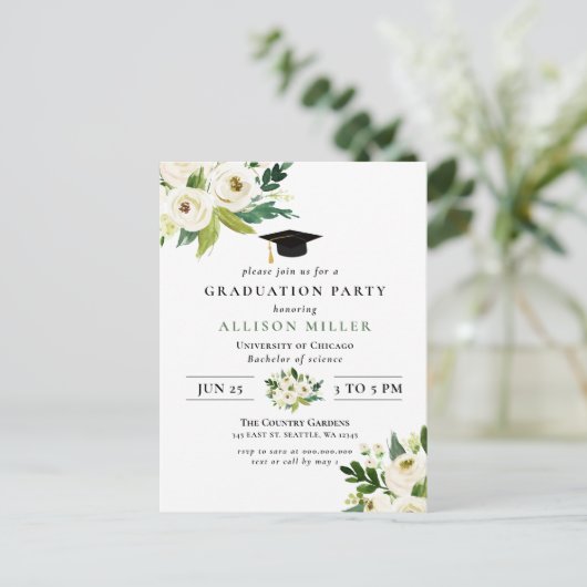 Rustic modern Greenery Ivory Floral Afstuderen in Briefkaart (Staand voorkant)