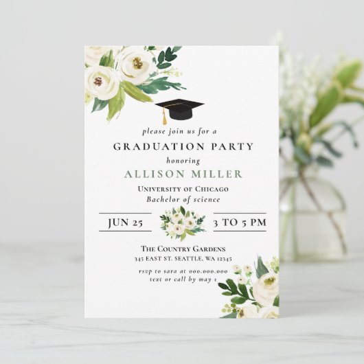 Rustic Modern Greenery Ivory Floral Afstuderen Kaart (Staand voorkant)