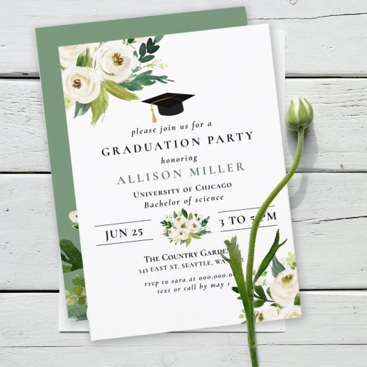 Rustic Modern Greenery Ivory Floral Afstuderen Kaart