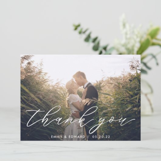 Rustic Modern Hand Script Weddenfoto Bedankkaart (Staand voorkant)