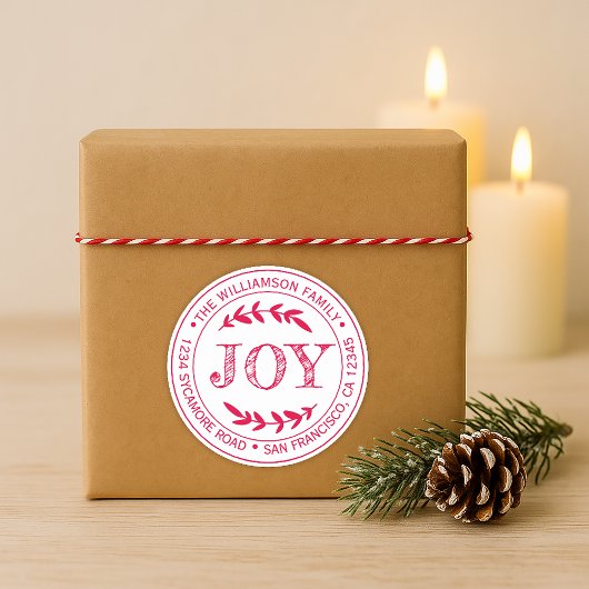 Rustic Modern Kerstfeest Joy Return Adres Rood Ronde Sticker