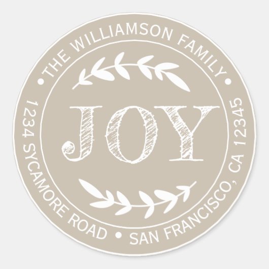 Rustic Modern Kerstvreugde Retouradres Grijze kleu Ronde Sticker (Voorkant)