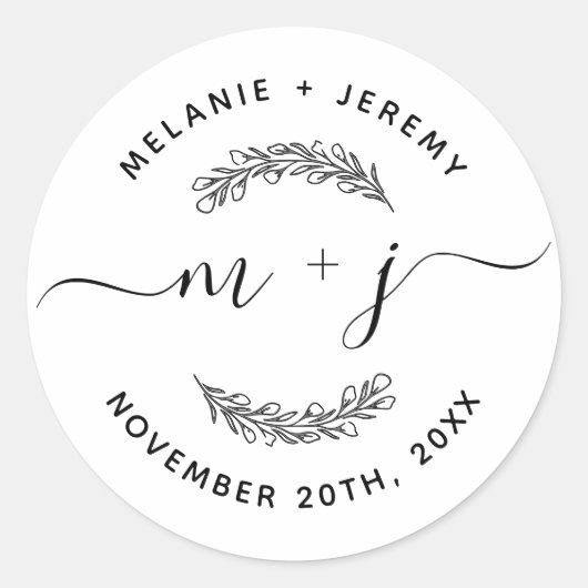 Rustic Modern Leaves Initialen Script Round Weddin Ronde Sticker (Voorkant)