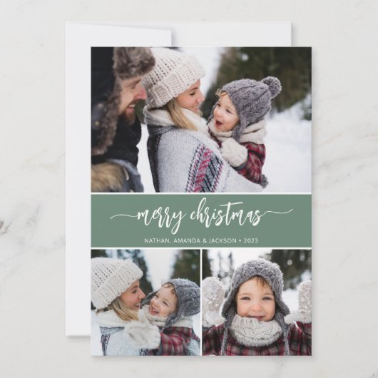 Rustic Modern Merry 3-foto Feestdagenkaart (Voorkant)