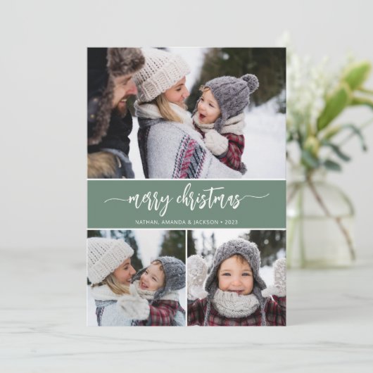 Rustic Modern Merry 3-foto Feestdagenkaart (Staand voorkant)