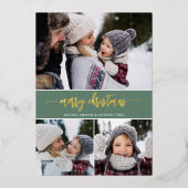 Rustic Modern Merry 3-foto Folie Feestdagenkaart (Voorkant)